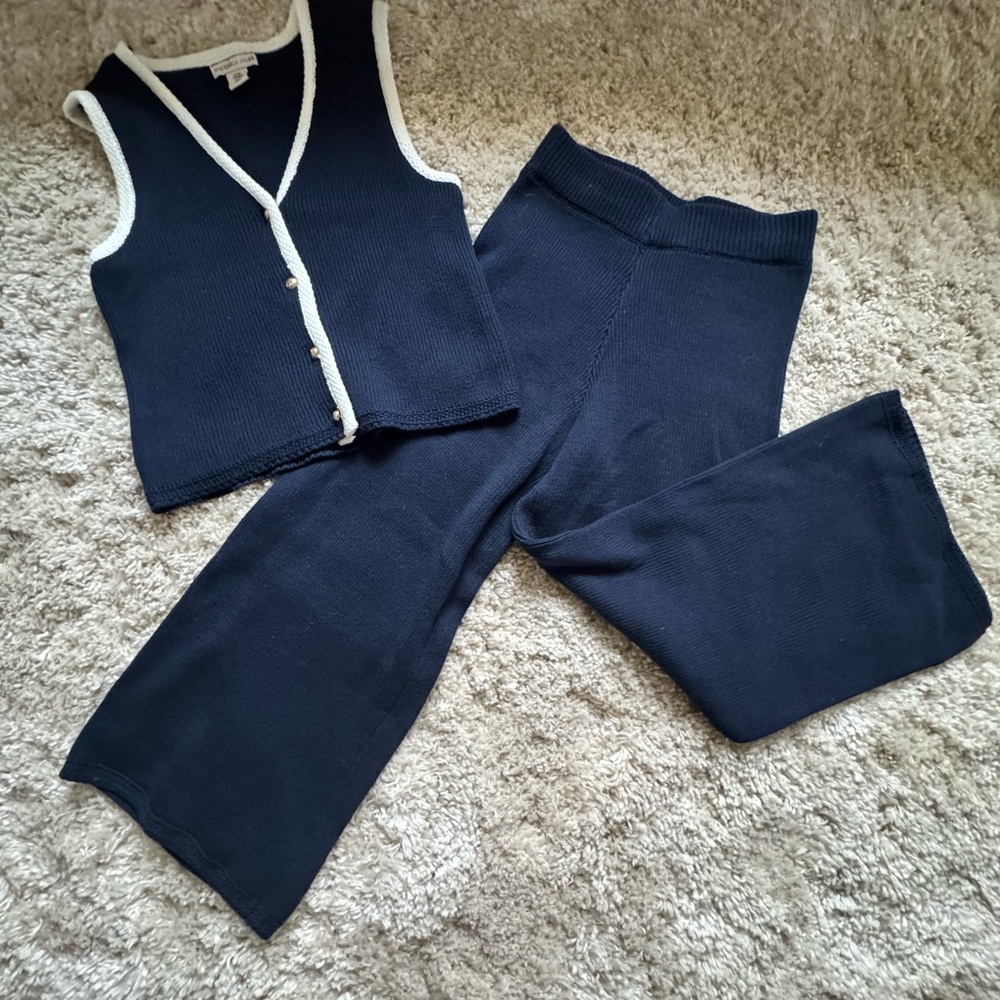 Navy Blue Women's Knit Pants & Vest Set